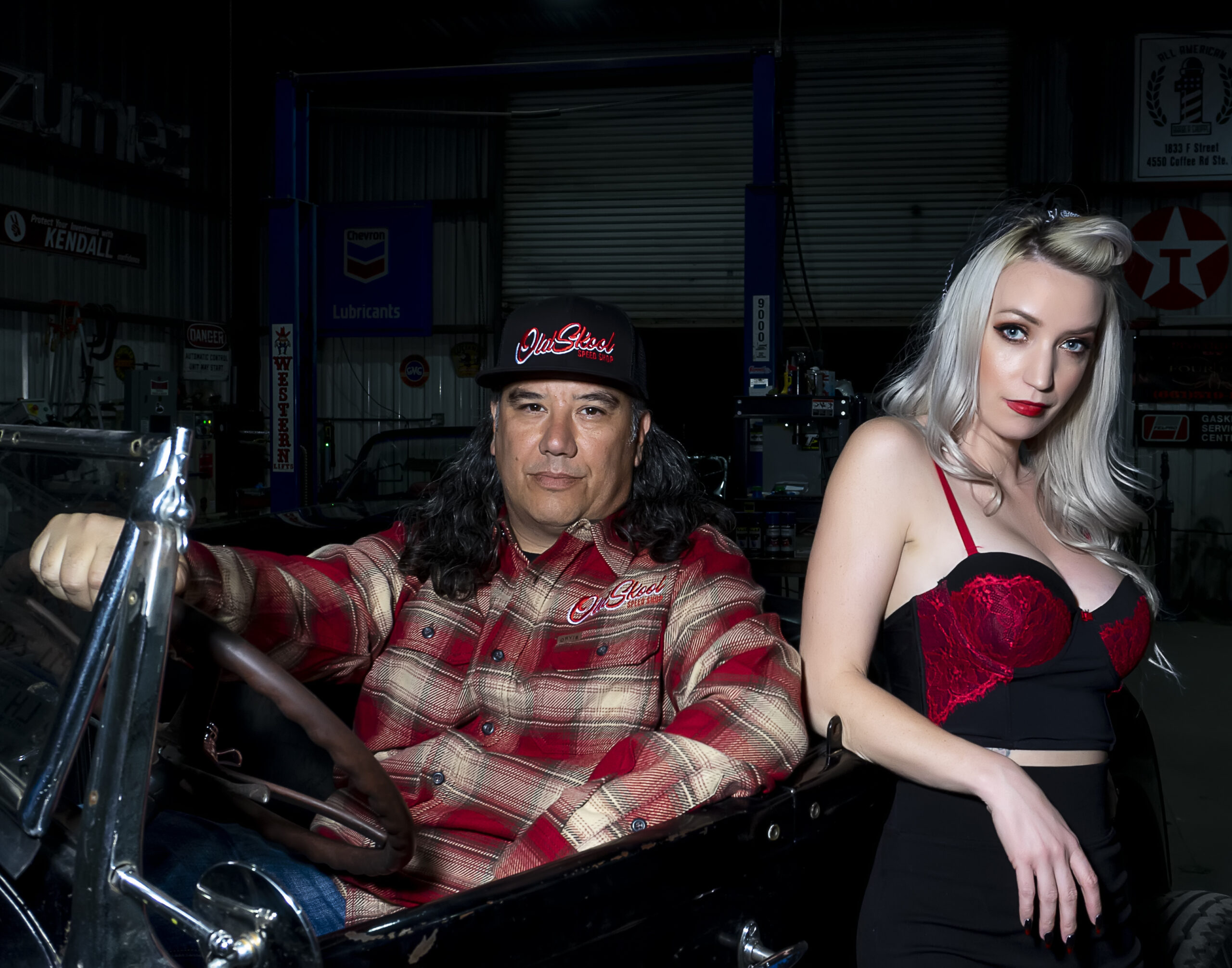 Man and Woman modeling Old Skool Speed Shop Clothing